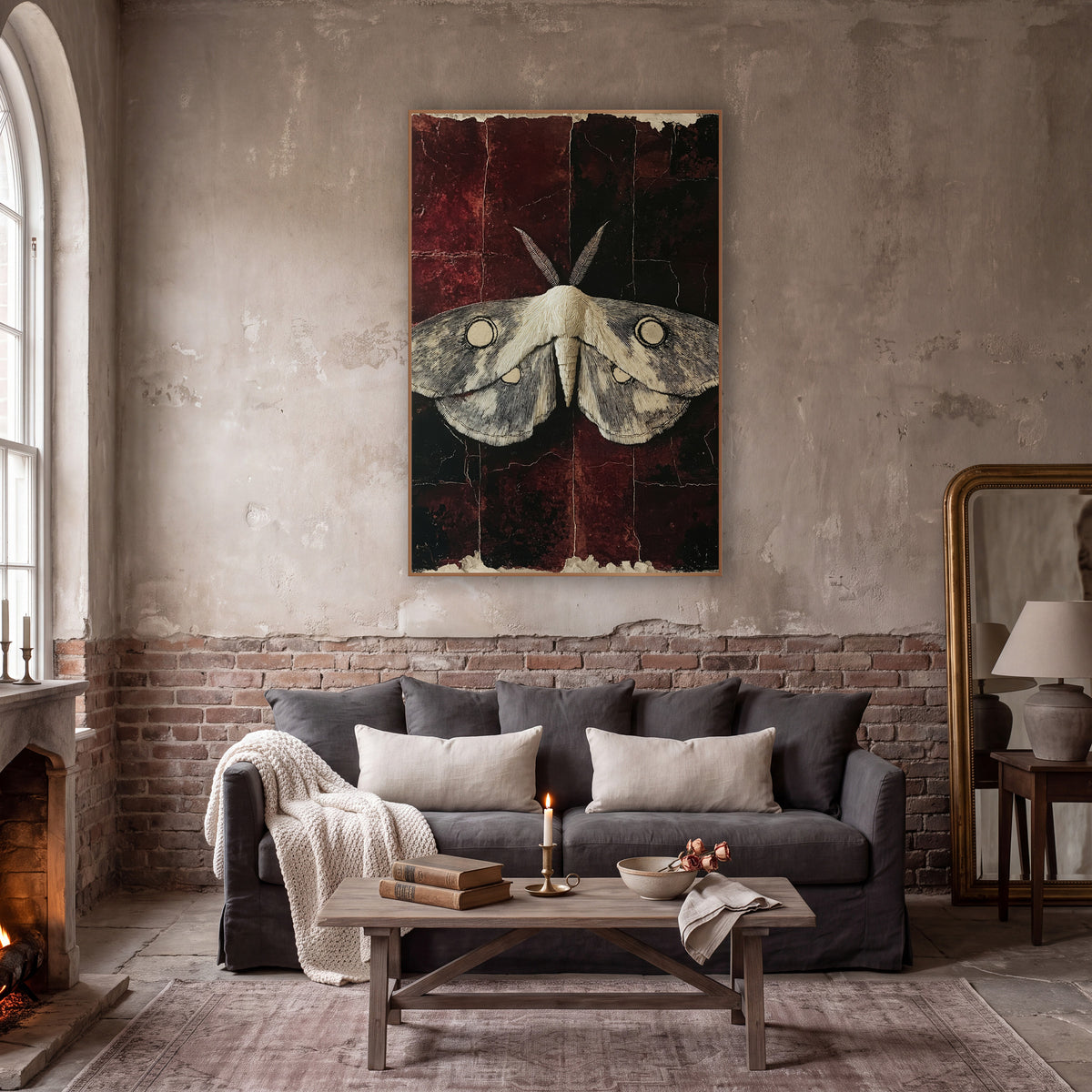 Ivory Moth Oxblood Dark Academia wall art in a moody dark academia room – pale moth with fine line wings and round