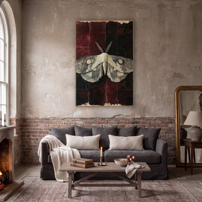 Ivory Moth Oxblood Dark Academia wall art in a moody dark academia room – pale moth with fine line wings and round