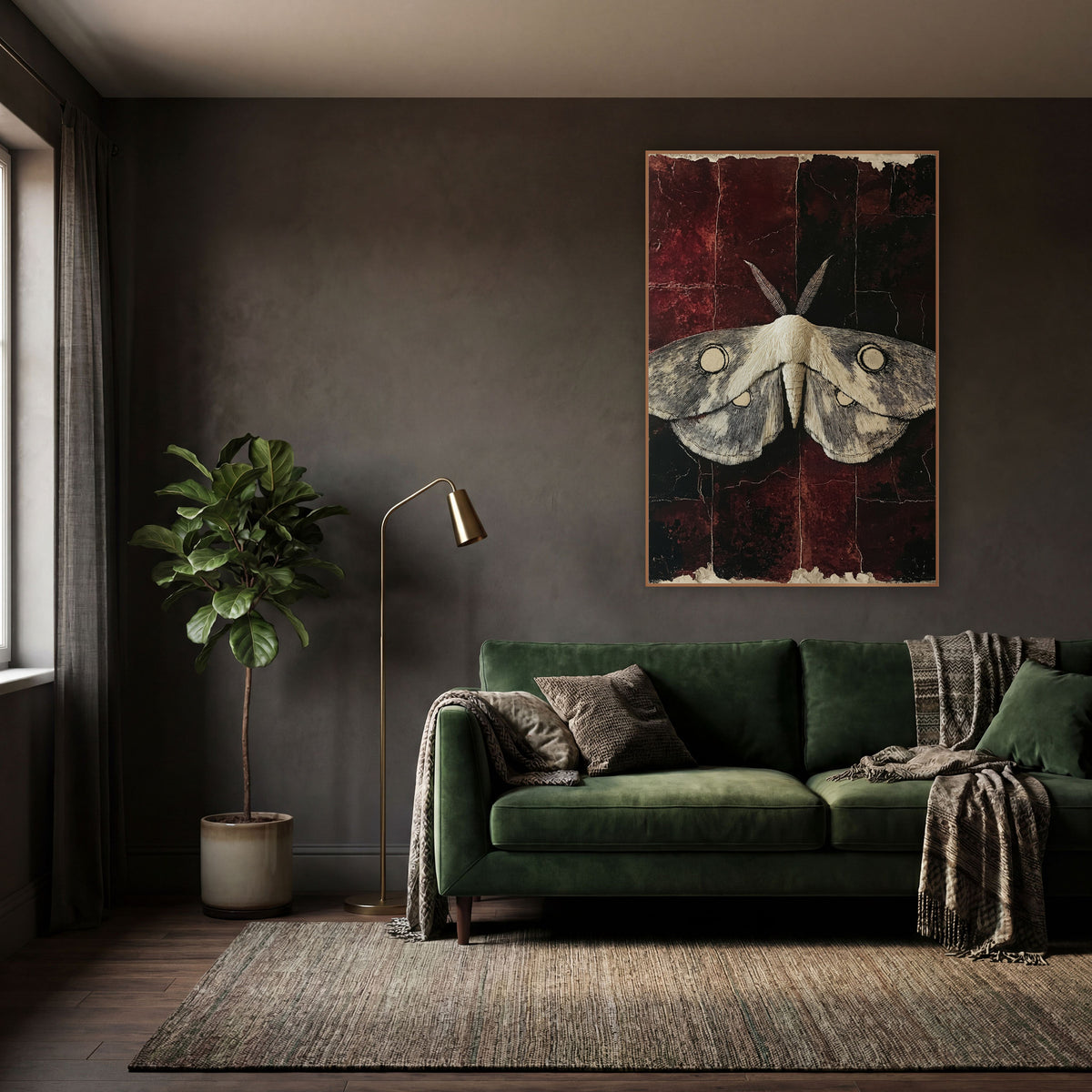 Ivory Moth Oxblood Dark Academia wall art in a moody dark academia room – pale moth with fine line wings and round