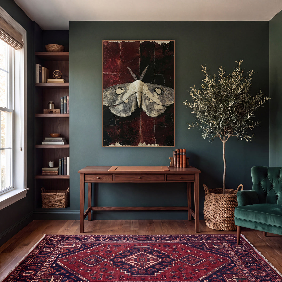Ivory Moth Oxblood Dark Academia wall art in a moody dark academia room – pale moth with fine line wings and round