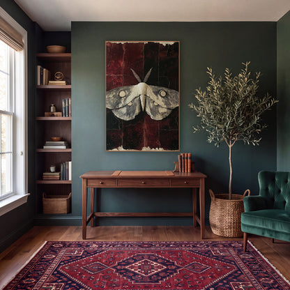 Ivory Moth Oxblood Dark Academia wall art in a moody dark academia room – pale moth with fine line wings and round
