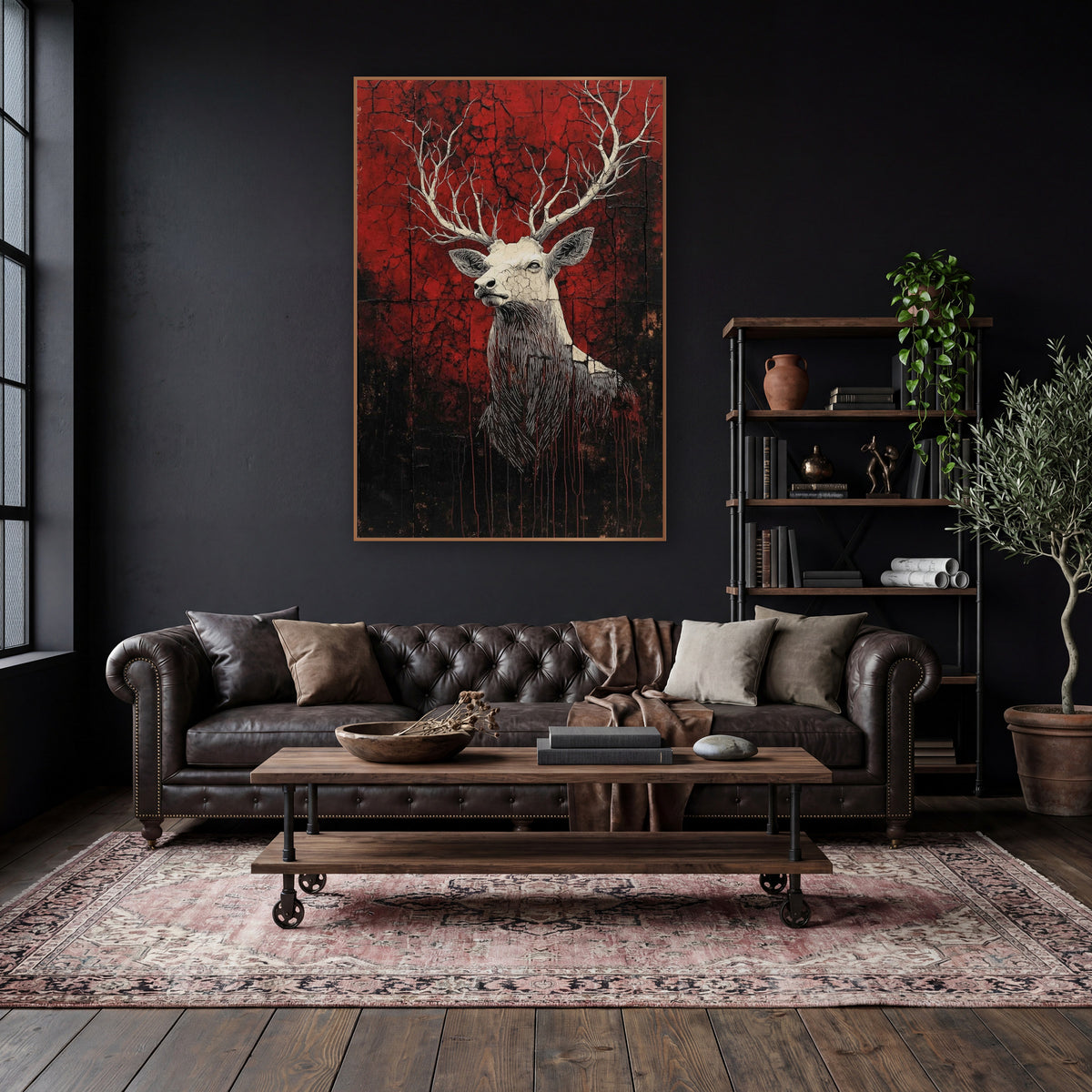 Pale Stag Cracked Crimson Gothic wall art in a moody dark academia room – cream stag with branching antlers