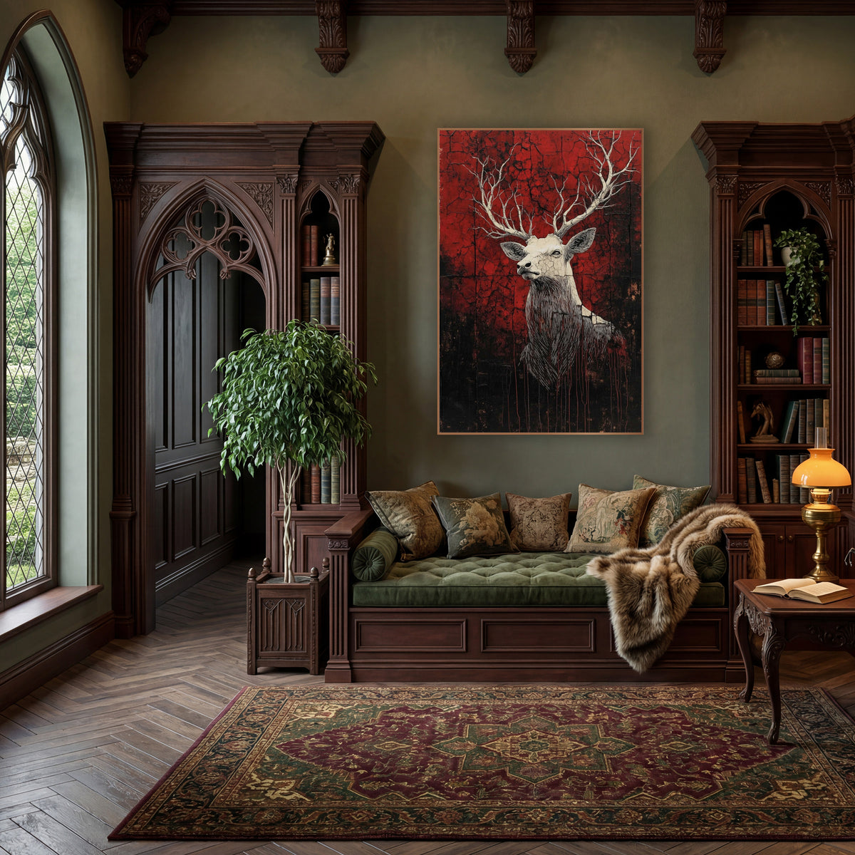 Pale Stag Cracked Crimson Gothic wall art in a moody dark academia room – cream stag with branching antlers