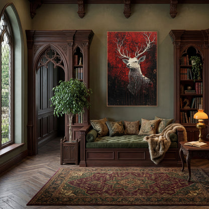 Pale Stag Cracked Crimson Gothic wall art in a moody dark academia room – cream stag with branching antlers