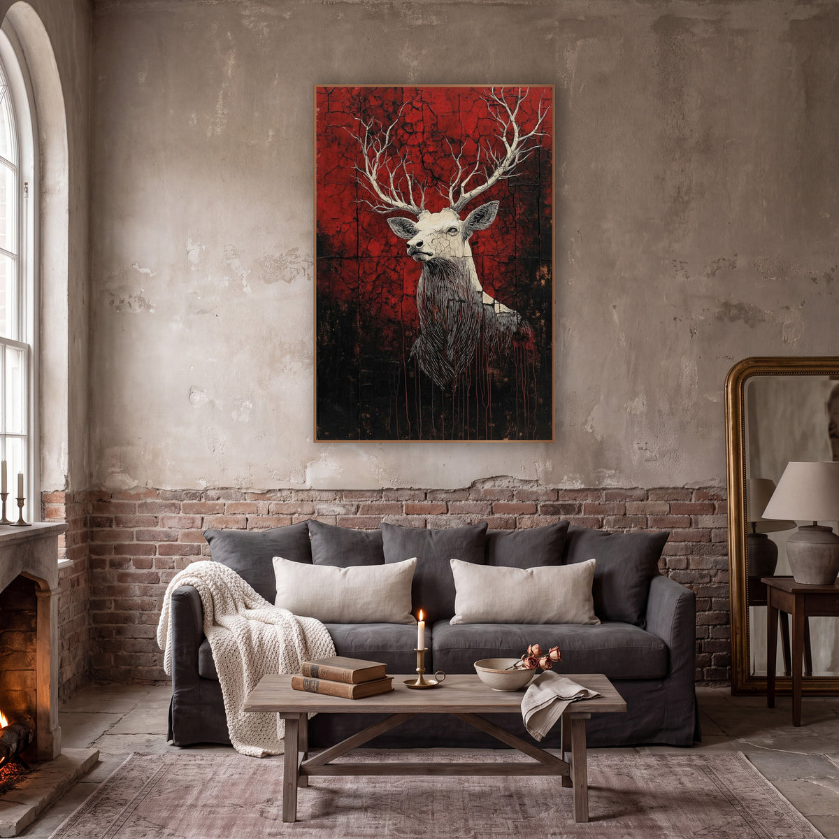 Pale Stag Cracked Crimson Gothic wall art in a moody dark academia room – cream stag with branching antlers