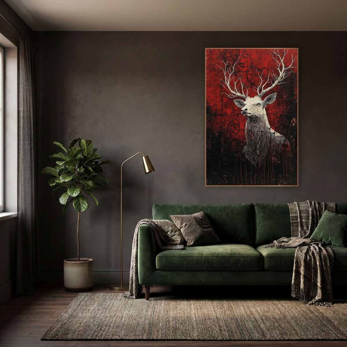 Pale Stag Cracked Crimson Gothic wall art in a moody dark academia room – cream stag with branching antlers