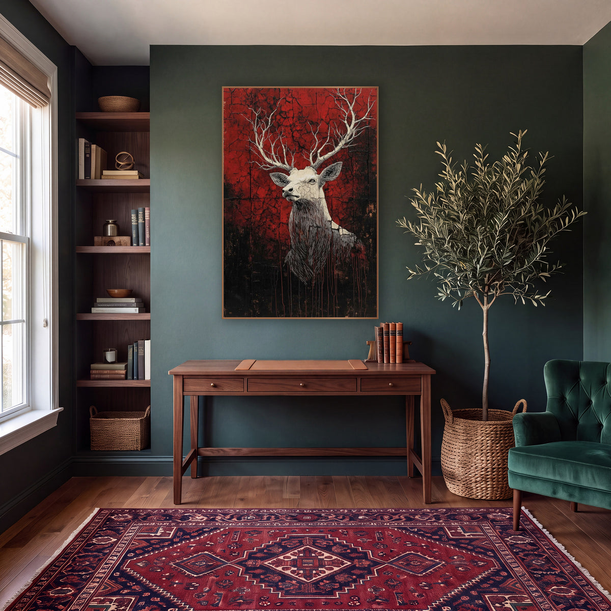 Pale Stag Cracked Crimson Gothic wall art in a moody dark academia room – cream stag with branching antlers