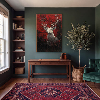Pale Stag Cracked Crimson Gothic wall art in a moody dark academia room – cream stag with branching antlers