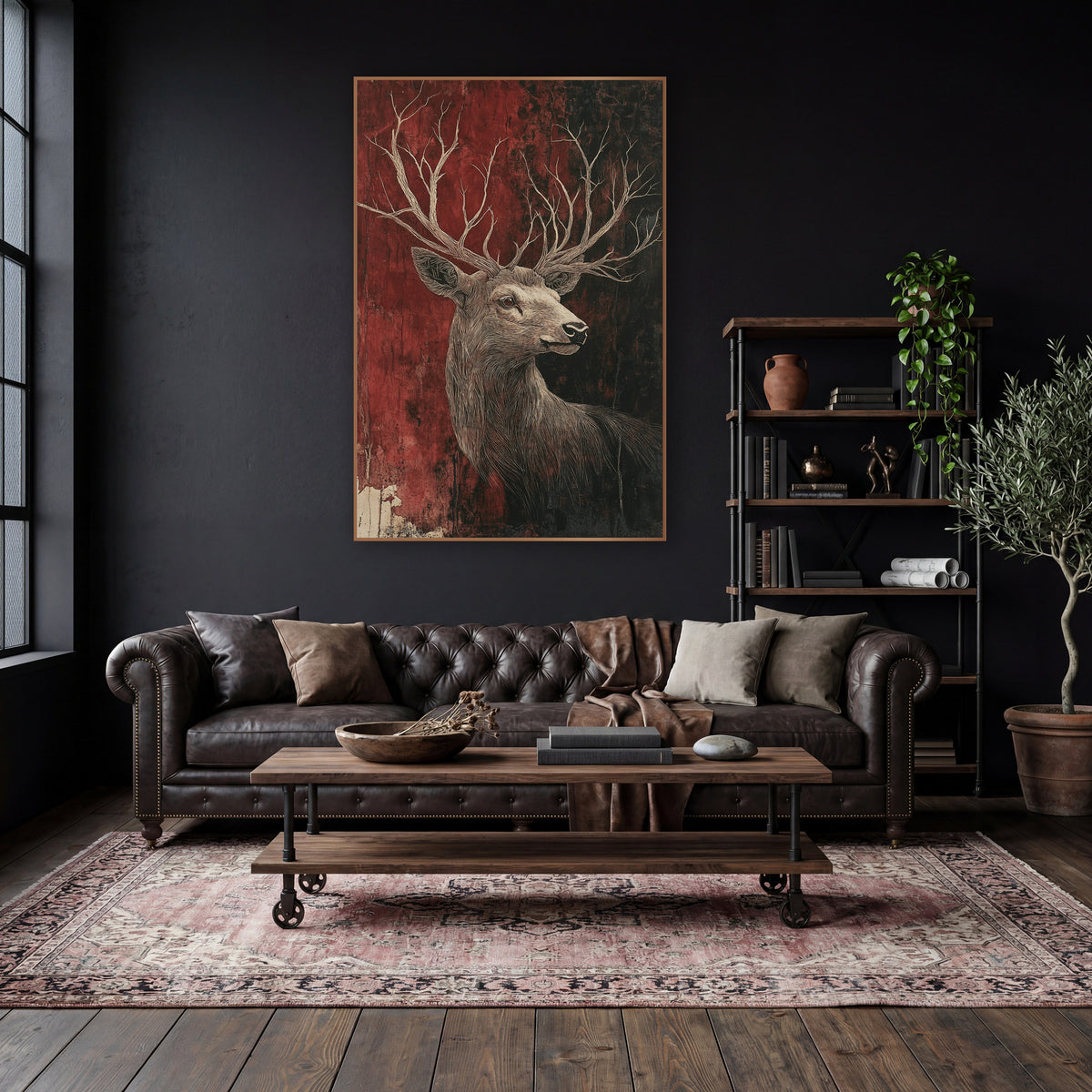 Turned Stag Rust Red Classic wall art in a moody dark academia room – stag in profile with long branching antlers