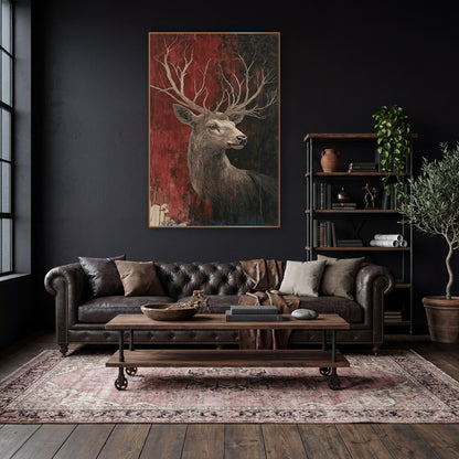 Turned Stag Rust Red Classic wall art in a moody dark academia room – stag in profile with long branching antlers