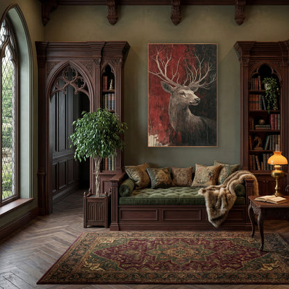 Turned Stag Rust Red Classic wall art in a moody dark academia room – stag in profile with long branching antlers