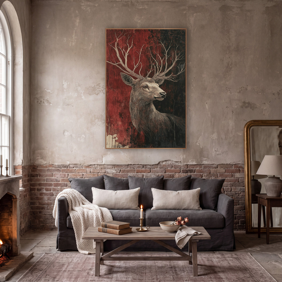 Turned Stag Rust Red Classic wall art in a moody dark academia room – stag in profile with long branching antlers