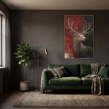 Turned Stag Rust Red Classic wall art in a moody dark academia room – stag in profile with long branching antlers