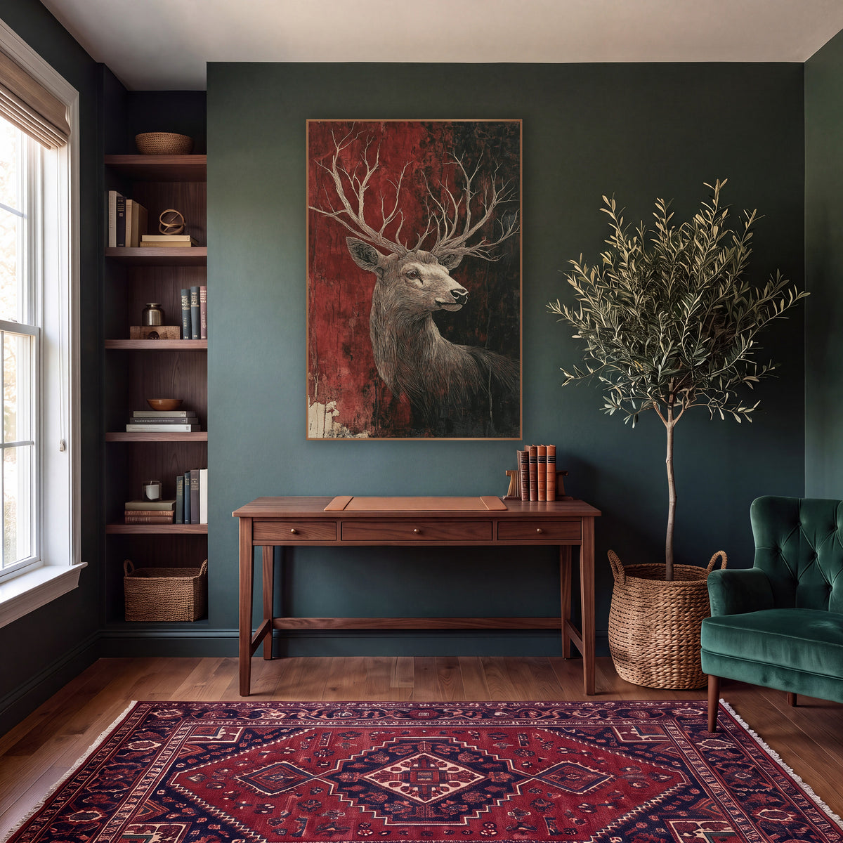Turned Stag Rust Red Classic wall art in a moody dark academia room – stag in profile with long branching antlers