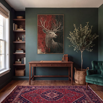 Turned Stag Rust Red Classic wall art in a moody dark academia room – stag in profile with long branching antlers