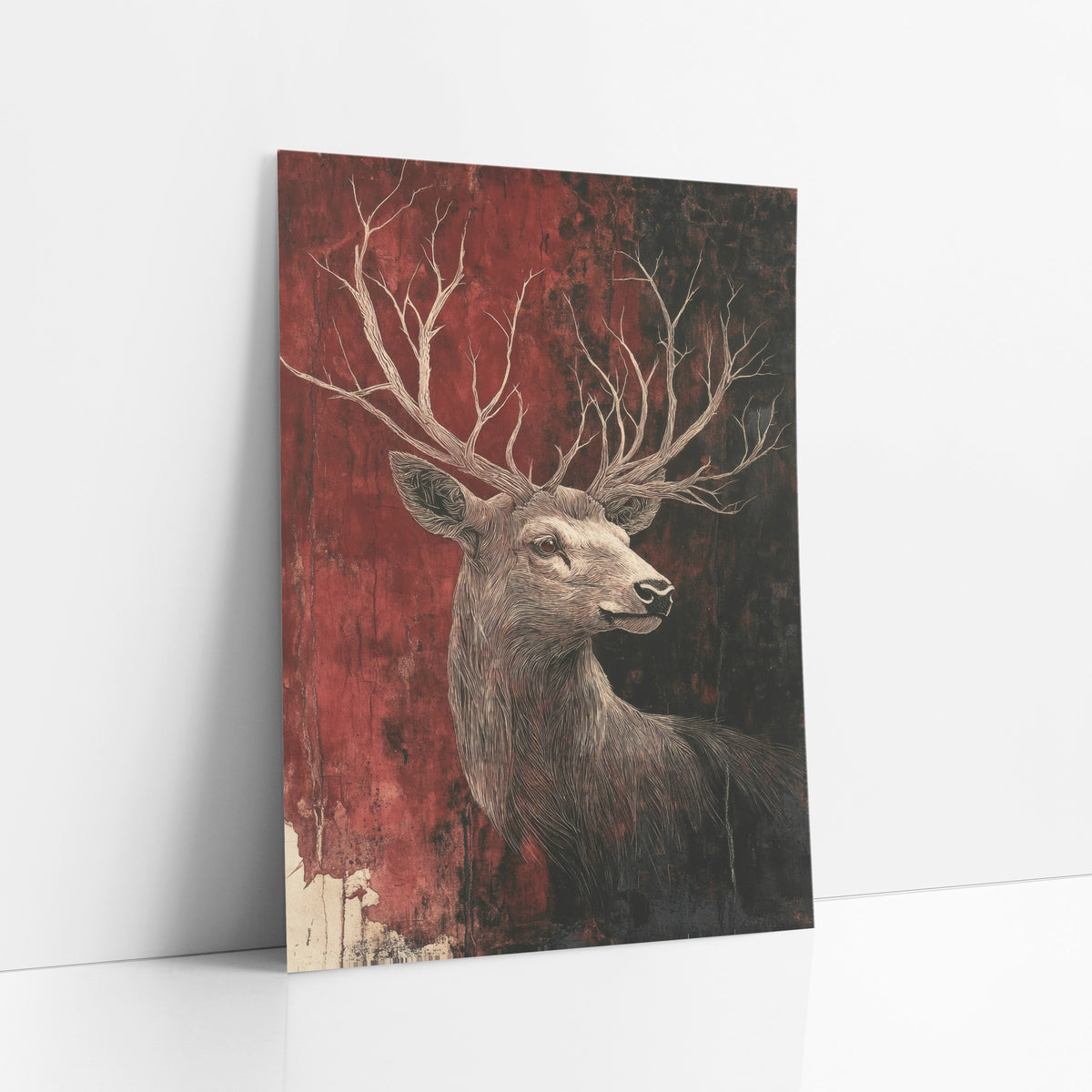Turned Stag Rust Red Classic art print leaning against a white wall – stag in profile with long branching antlers on a worn