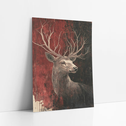 Turned Stag Rust Red Classic art print leaning against a white wall – stag in profile with long branching antlers on a worn