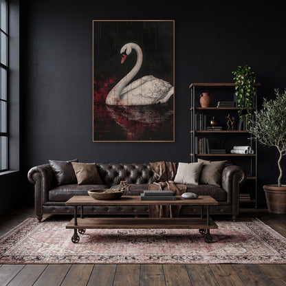 Upright Swan Scarlet Gothic wall art in a moody dark academia room – white swan with arched neck and coral beak