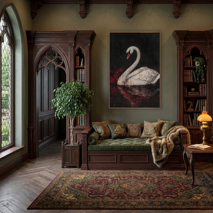 Upright Swan Scarlet Gothic wall art in a moody dark academia room – white swan with arched neck and coral beak