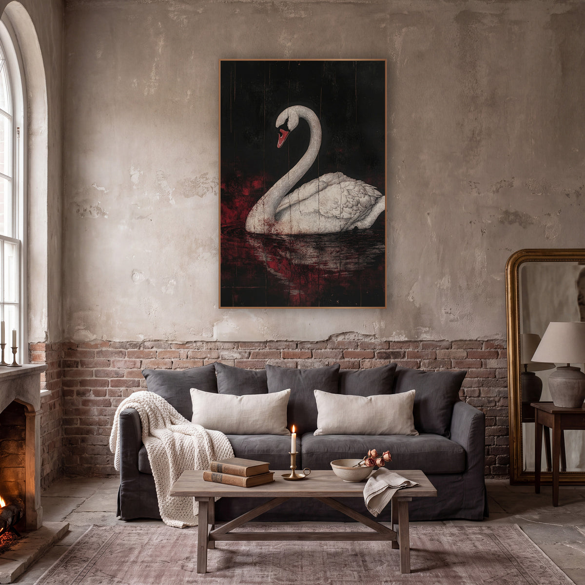 Upright Swan Scarlet Gothic wall art in a moody dark academia room – white swan with arched neck and coral beak