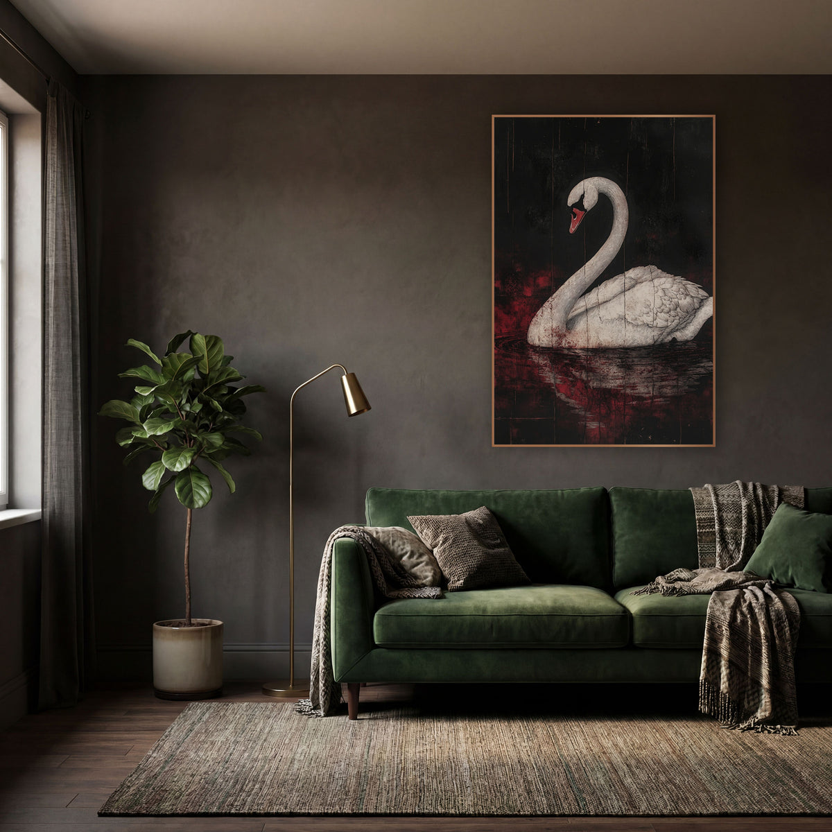 Upright Swan Scarlet Gothic wall art in a moody dark academia room – white swan with arched neck and coral beak