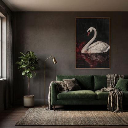 Upright Swan Scarlet Gothic wall art in a moody dark academia room – white swan with arched neck and coral beak