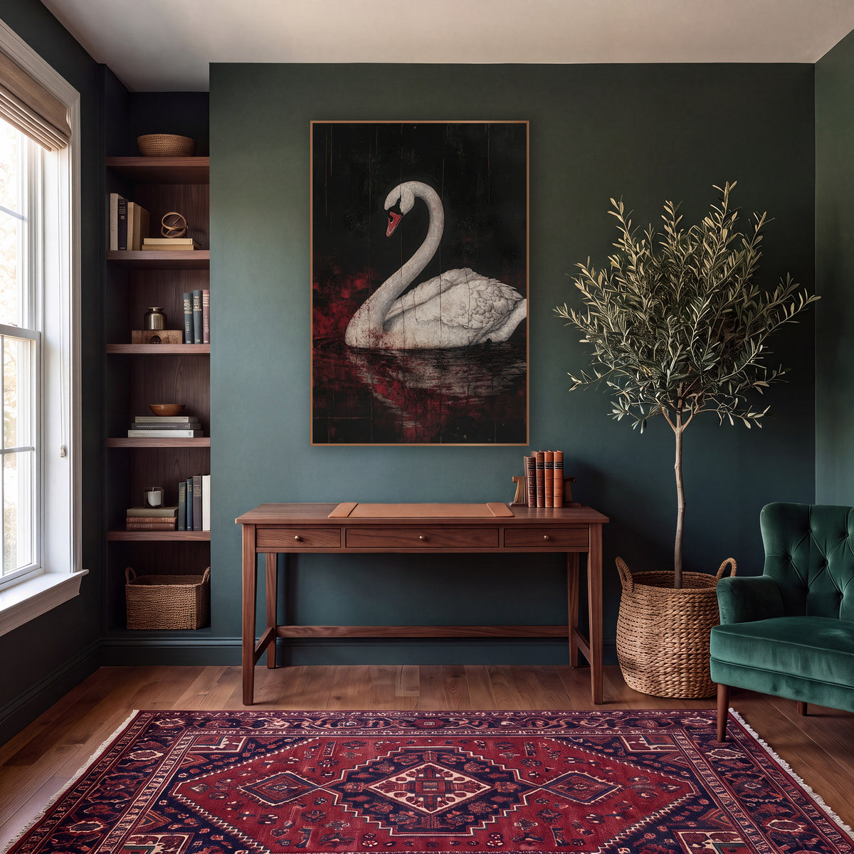 Upright Swan Scarlet Gothic wall art in a moody dark academia room – white swan with arched neck and coral beak