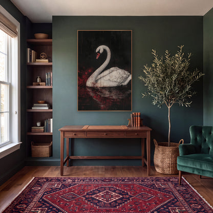 Upright Swan Scarlet Gothic wall art in a moody dark academia room – white swan with arched neck and coral beak