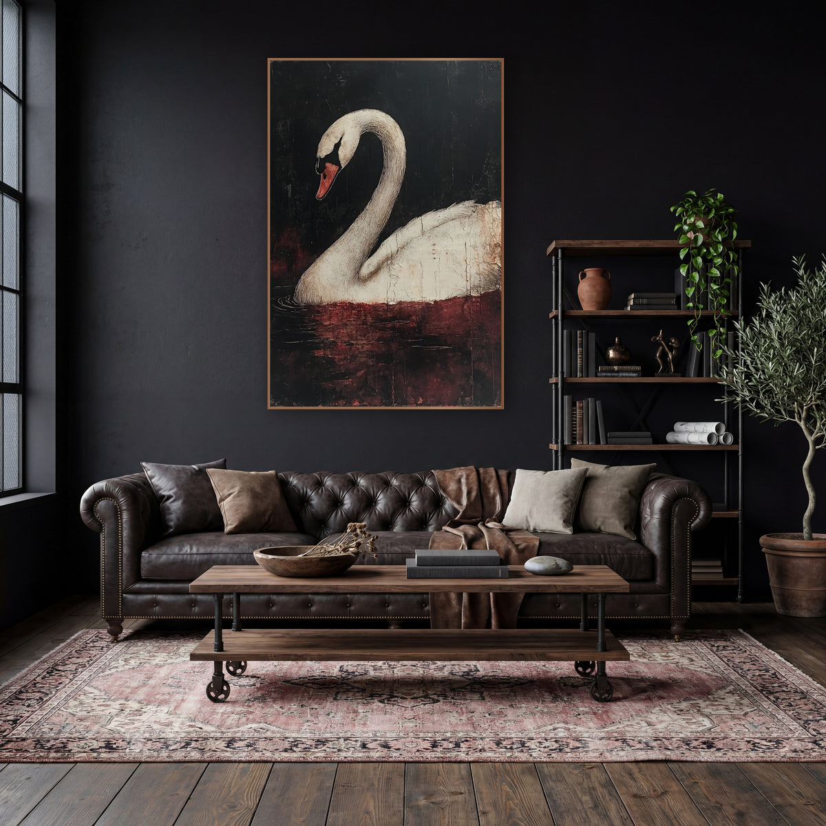 Arched Swan Crimson Dark Academia wall art in a moody dark academia room – white swan with arched neck and orange beak