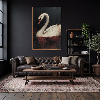 Arched Swan Crimson Dark Academia wall art in a moody dark academia room – white swan with arched neck and orange beak