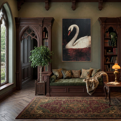 Arched Swan Crimson Dark Academia wall art in a moody dark academia room – white swan with arched neck and orange beak