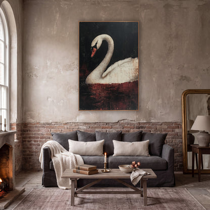 Arched Swan Crimson Dark Academia wall art in a moody dark academia room – white swan with arched neck and orange beak