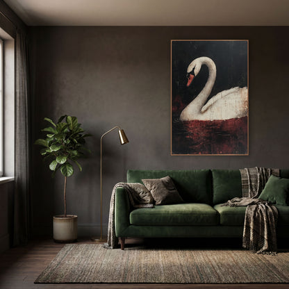 Arched Swan Crimson Dark Academia wall art in a moody dark academia room – white swan with arched neck and orange beak