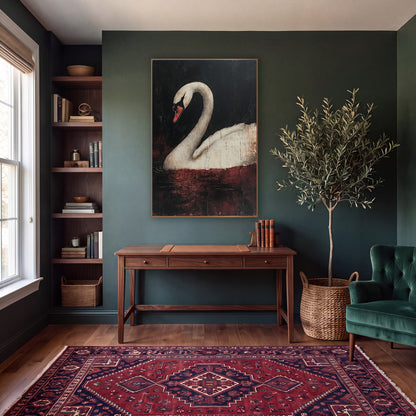 Arched Swan Crimson Dark Academia wall art in a moody dark academia room – white swan with arched neck and orange beak
