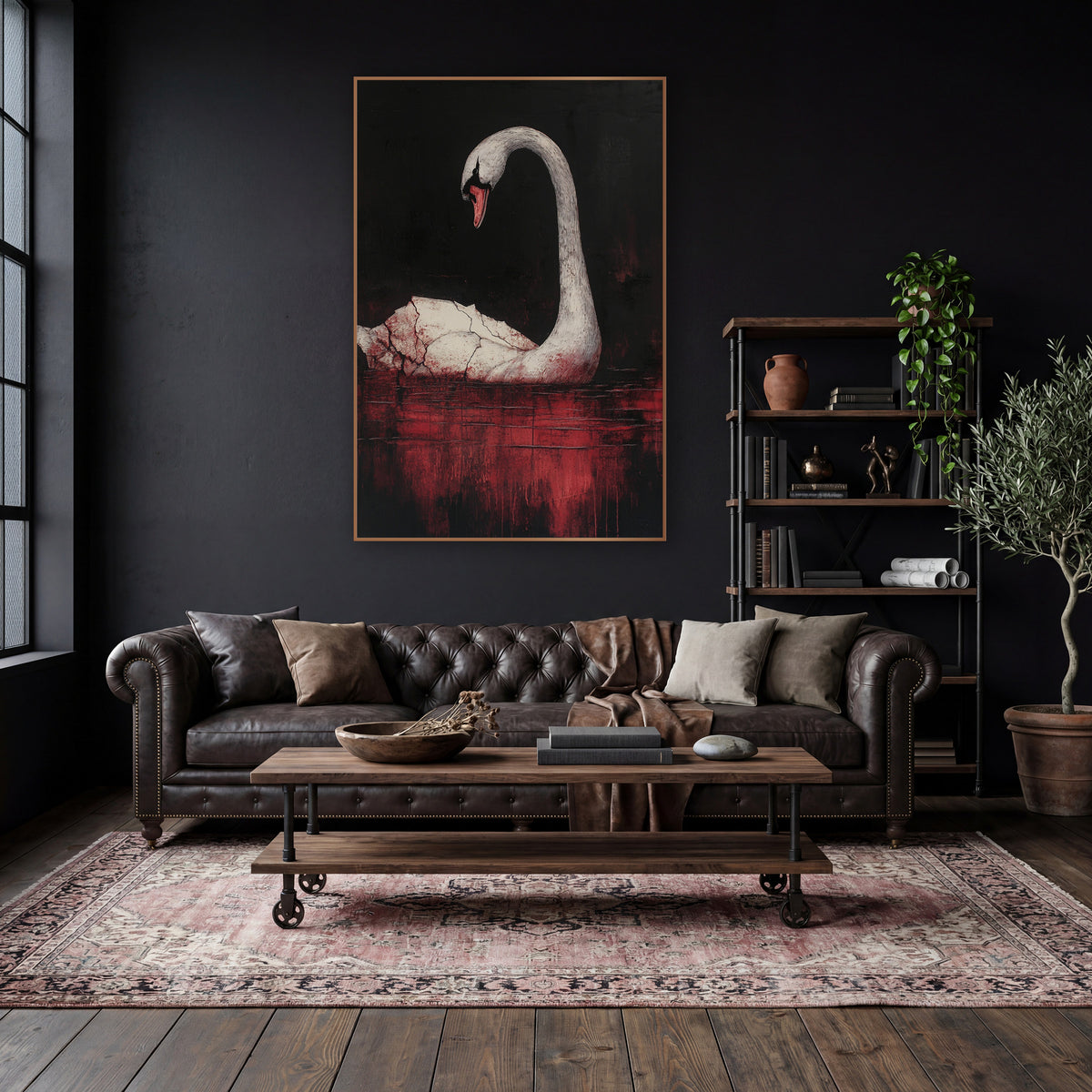 Bowed Swan Crimson Gothic wall art in a moody dark academia room – white swan with arched neck and red beak on dark