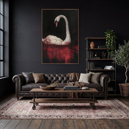 Bowed Swan Crimson Gothic wall art in a moody dark academia room – white swan with arched neck and red beak on dark