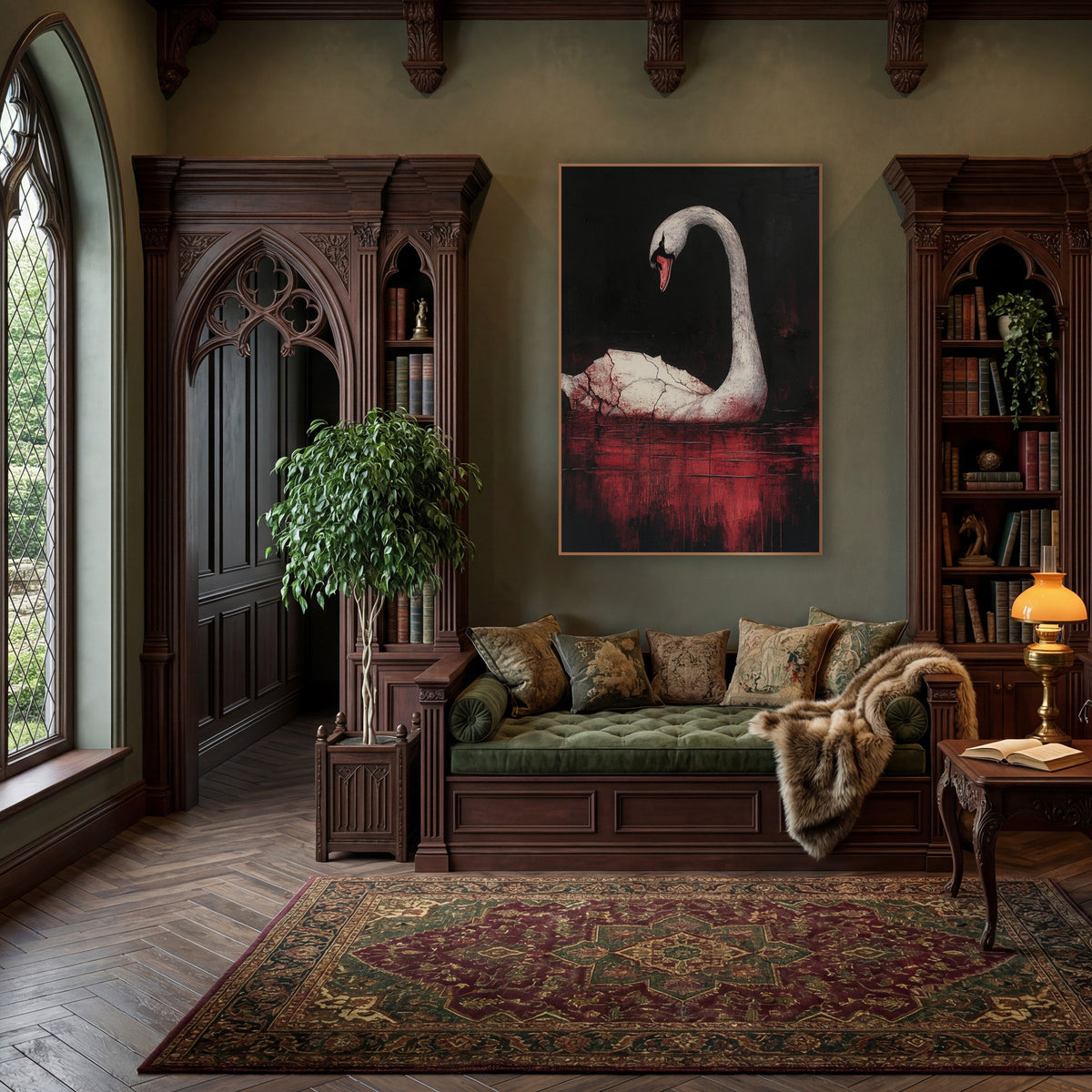 Bowed Swan Crimson Gothic wall art in a moody dark academia room – white swan with arched neck and red beak on dark