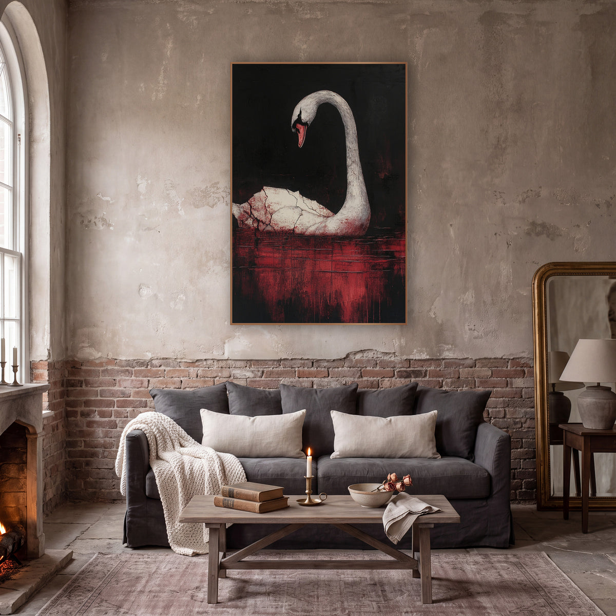 Bowed Swan Crimson Gothic wall art in a moody dark academia room – white swan with arched neck and red beak on dark