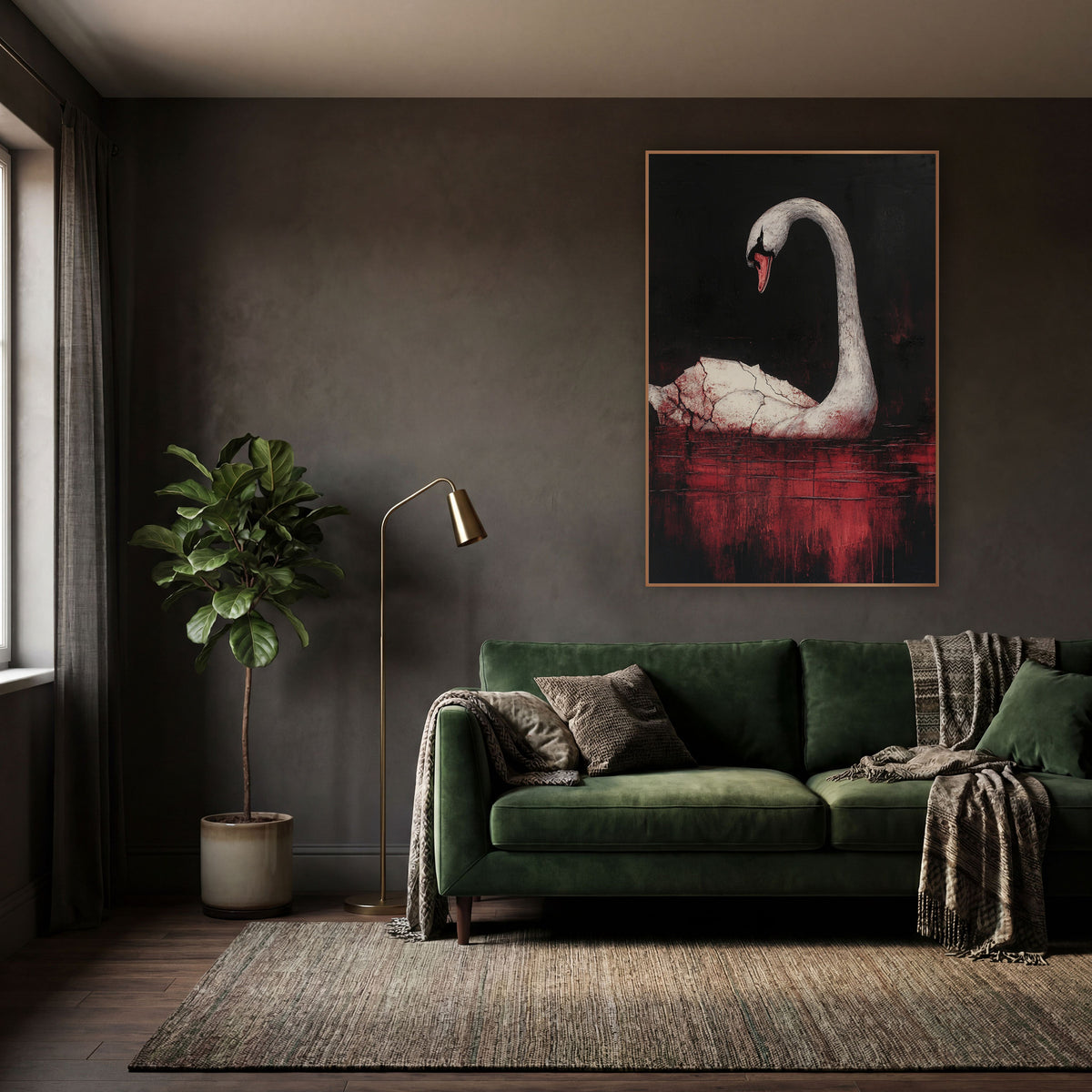 Bowed Swan Crimson Gothic wall art in a moody dark academia room – white swan with arched neck and red beak on dark