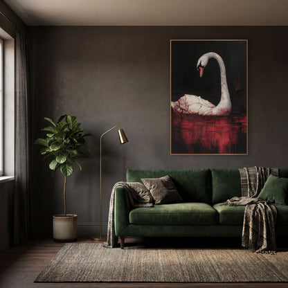 Bowed Swan Crimson Gothic wall art in a moody dark academia room – white swan with arched neck and red beak on dark