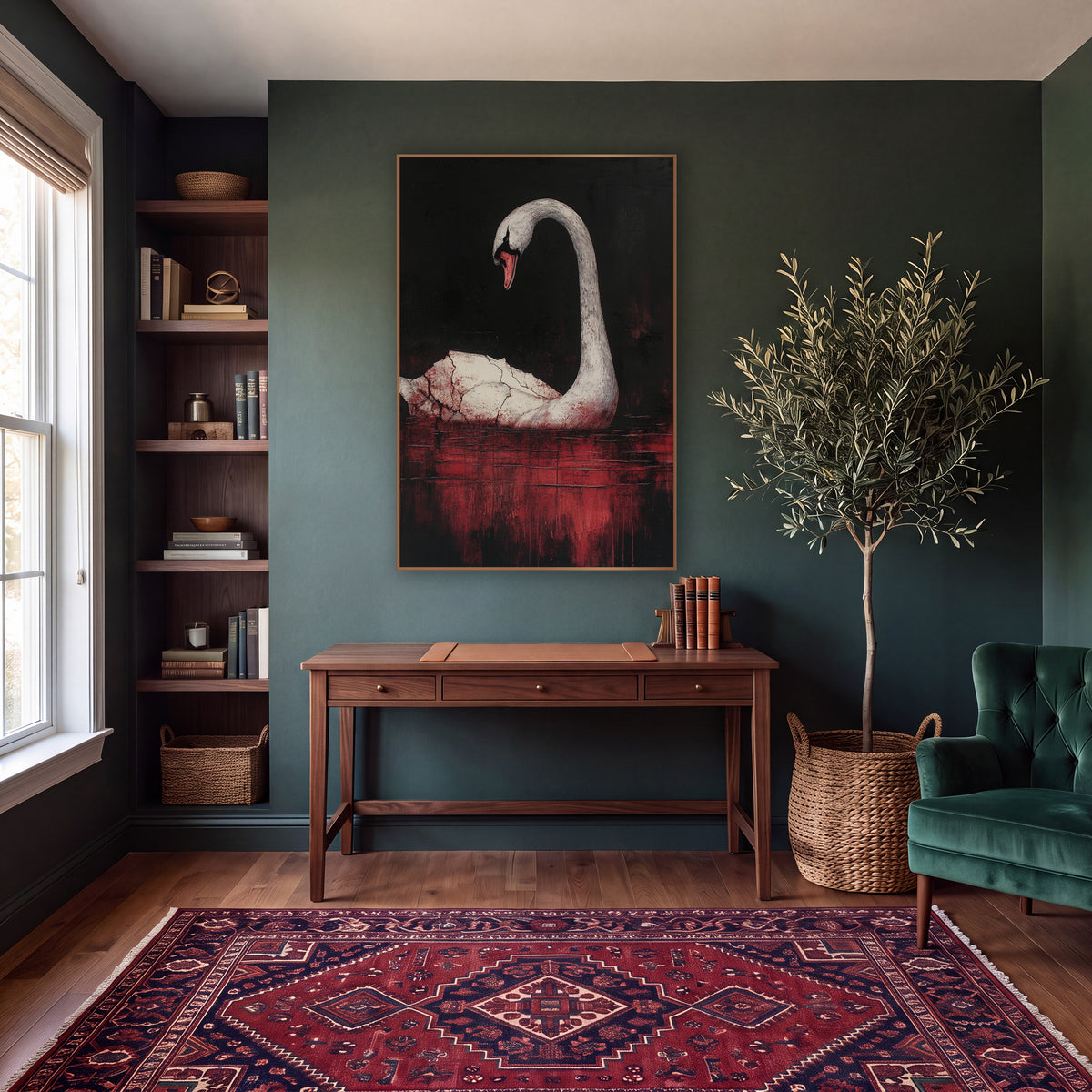 Bowed Swan Crimson Gothic wall art in a moody dark academia room – white swan with arched neck and red beak on dark