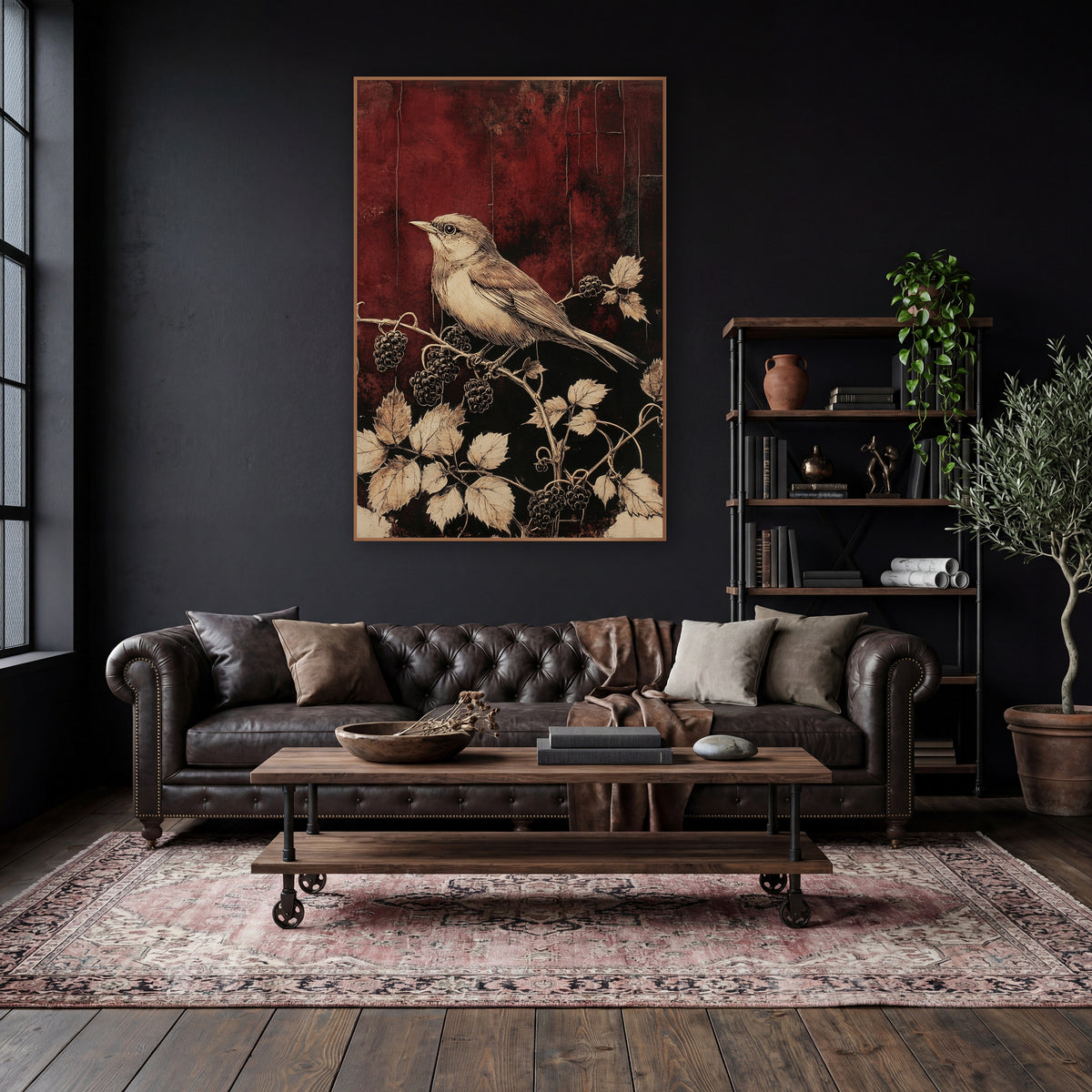 Wren on Blackberry Branch Botanical wall art in a moody dark academia room – cream and tan songbird on a berry branch