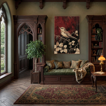 Wren on Blackberry Branch Botanical wall art in a moody dark academia room – cream and tan songbird on a berry branch