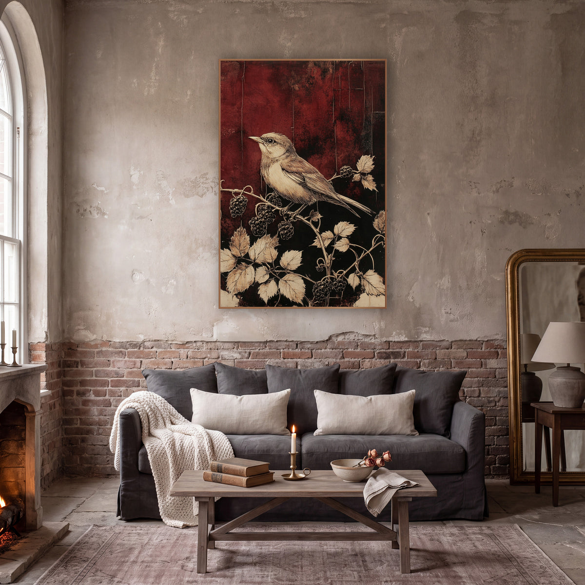 Wren on Blackberry Branch Botanical wall art in a moody dark academia room – cream and tan songbird on a berry branch