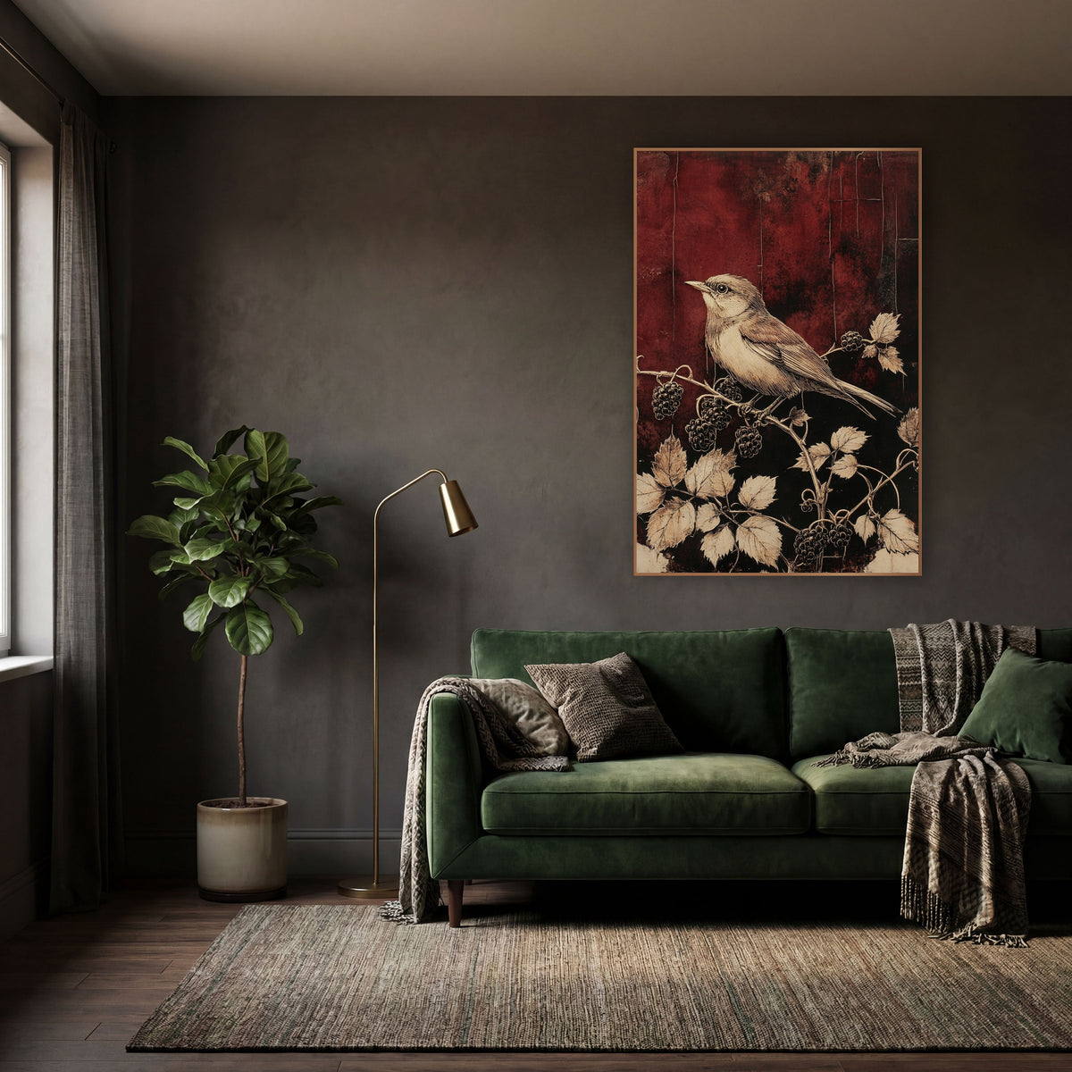 Wren on Blackberry Branch Botanical wall art in a moody dark academia room – cream and tan songbird on a berry branch