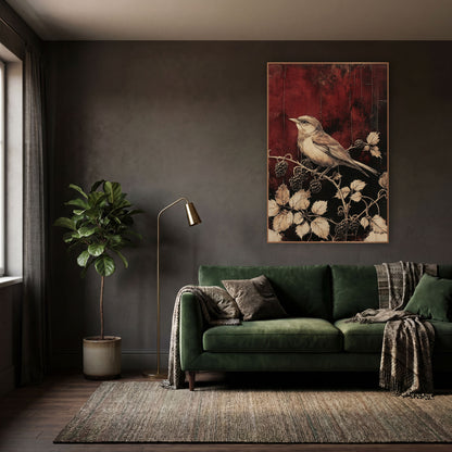 Wren on Blackberry Branch Botanical wall art in a moody dark academia room – cream and tan songbird on a berry branch