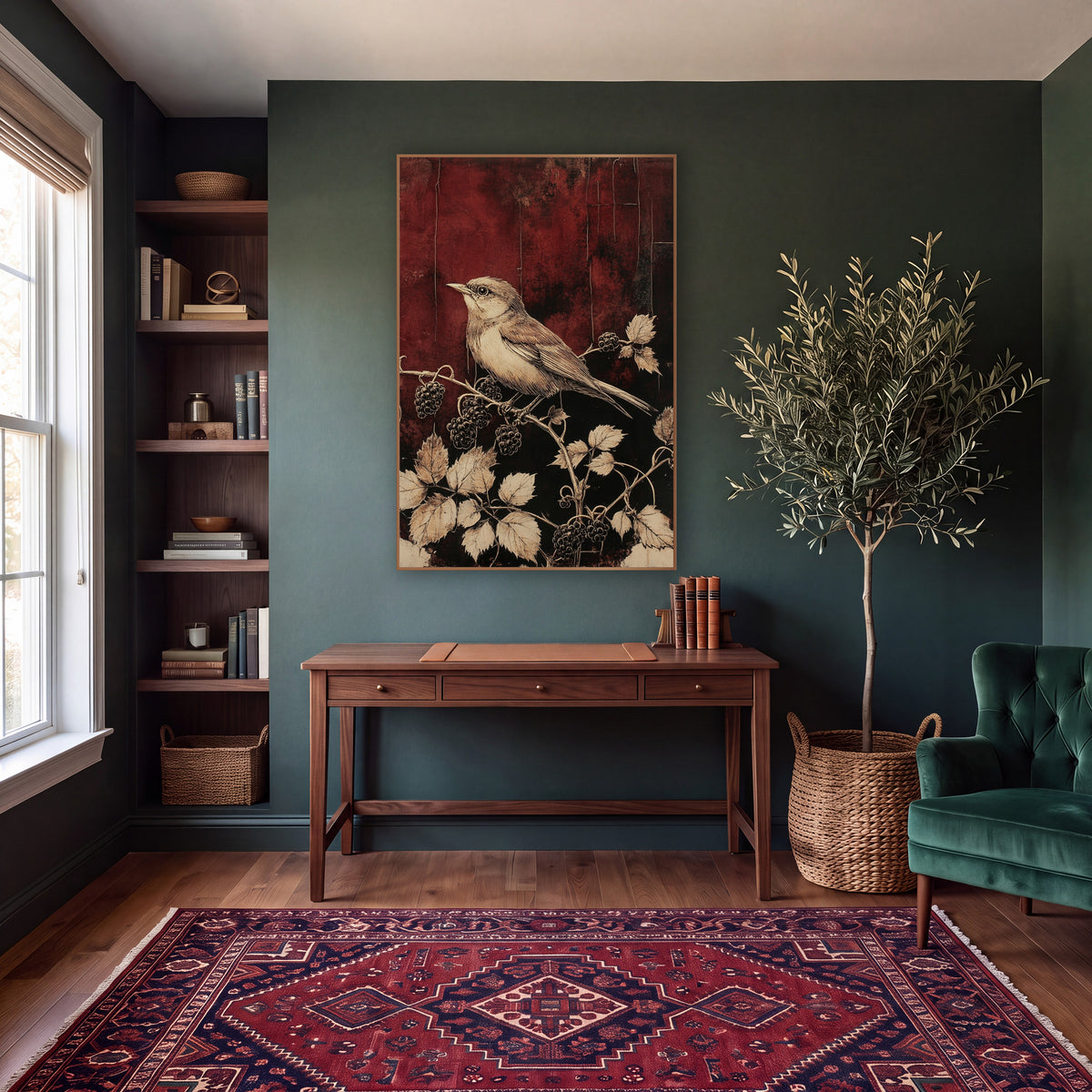 Wren on Blackberry Branch Botanical wall art in a moody dark academia room – cream and tan songbird on a berry branch