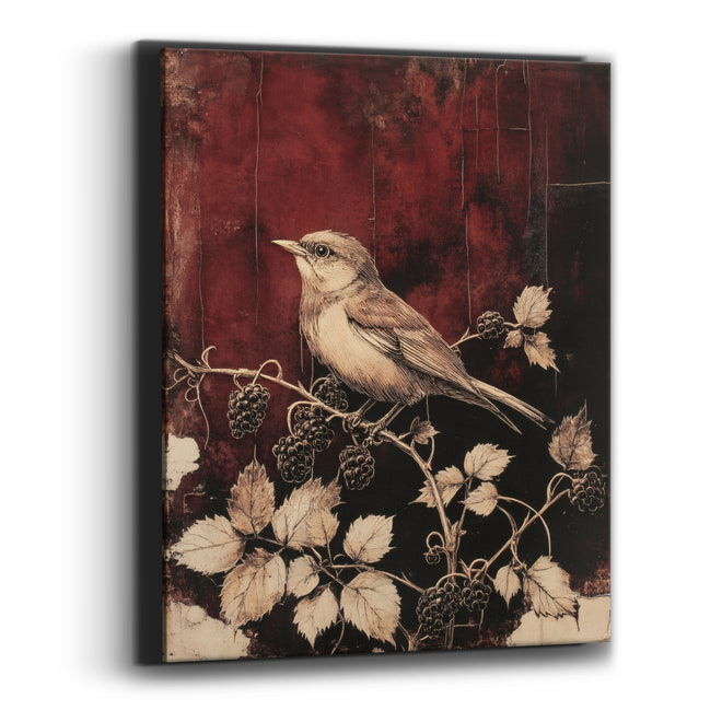 Wren on Blackberry Branch Botanical Canvas Wall Art
