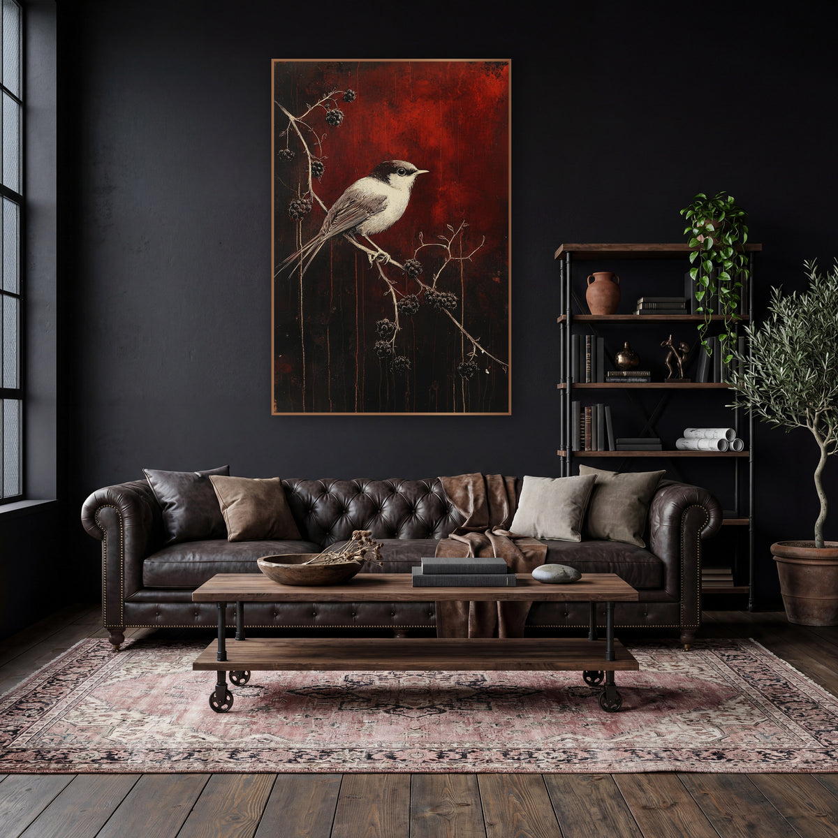 Small Bird Blackberry Branch Gothic wall art in a moody dark academia room – small cream and dark-capped bird