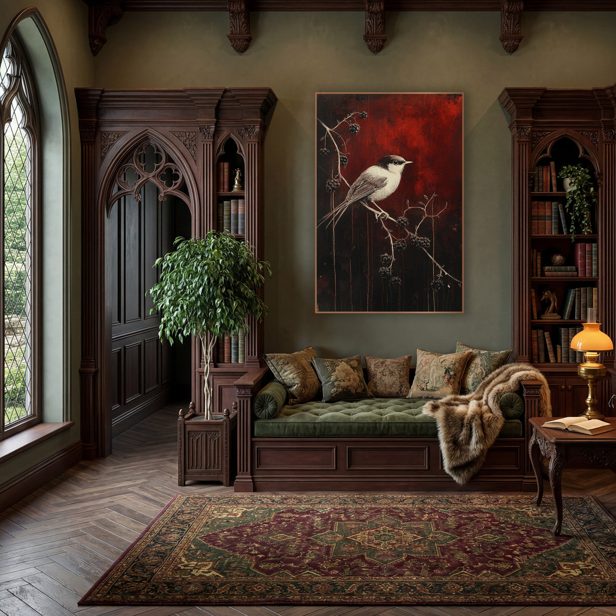 Small Bird Blackberry Branch Gothic wall art in a moody dark academia room – small cream and dark-capped bird